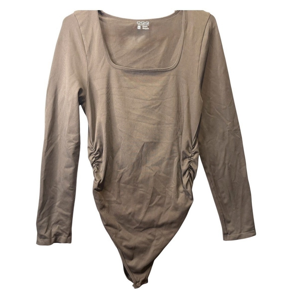OQQ Women’s XL Brown Square Neck Long Sleeve Bodysuit Snap Closure Stretchy Slim
